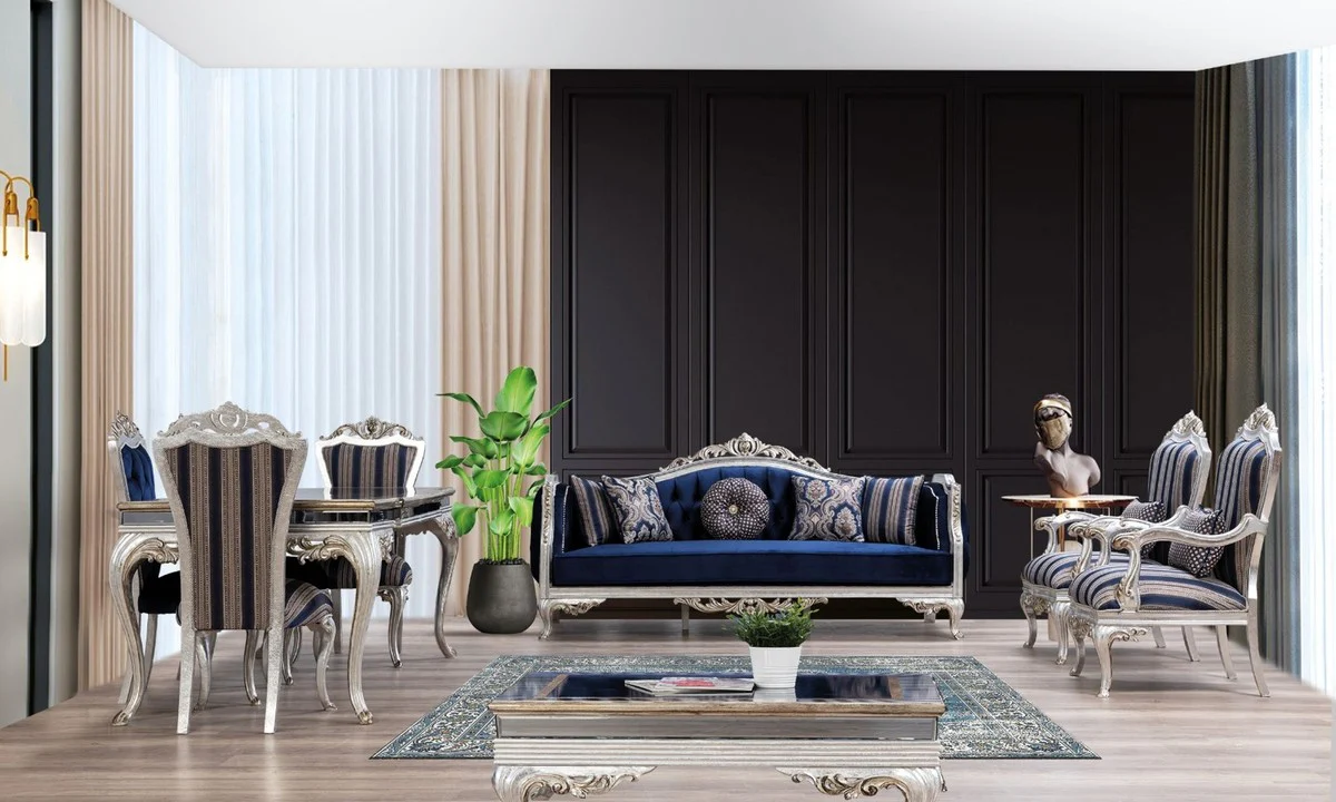 Luxus Barock Esszimmer Set Blau / Silber - 1 Esstisch & 6 Esszimmerstühle - Handgefertigte Barock Esszimmer Möbel