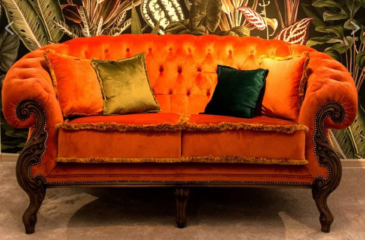 Luxus Barock Wohnzimmer Sofa Orange / Braun - Handgefertigtes Barockstil Sofa - Prunkvolle Luxus Wohnzimmer Möbel im Barockstil - Barock Möbel