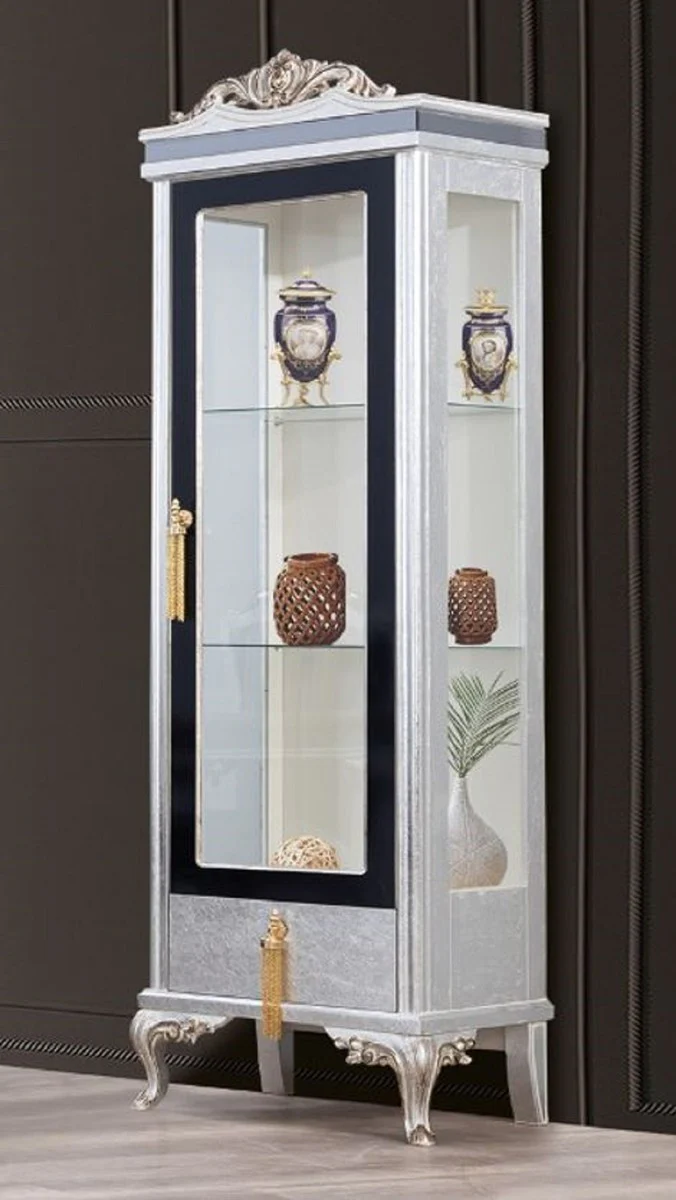 Luxus Barock Vitrine Silber / Schwarz / Gold - Handgefertigter Massivholz Vitrinenschrank - Barock Wohnzimmer Möbel