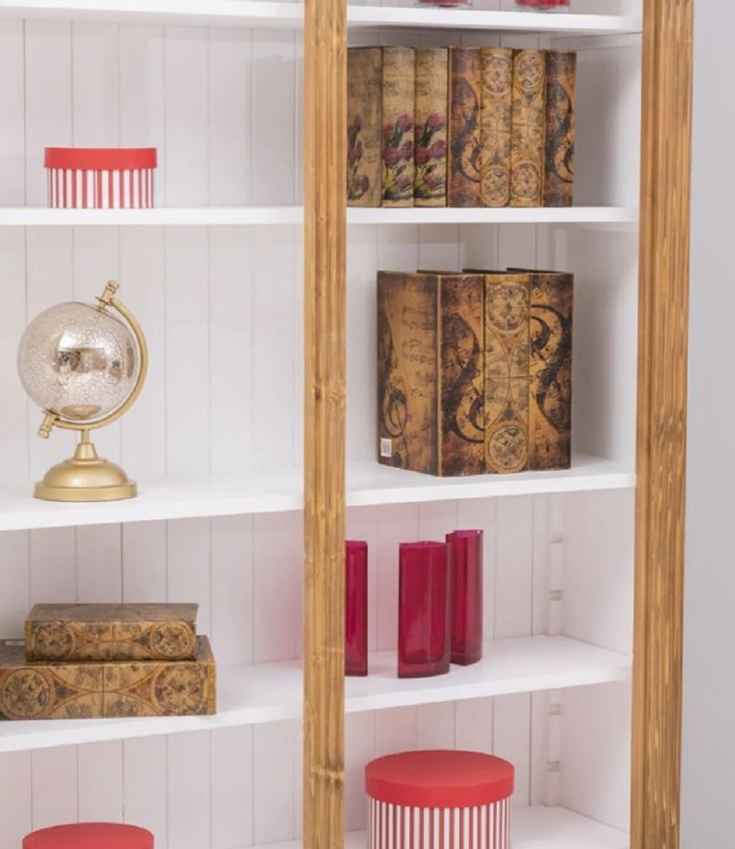 Landhausstil Bücherschrank Braun / Weiß 120 x 39 x H. 197 cm - Massivholz Schrank - Regalschrank - Wohnzimmerschrank - Büroschrank - Landhausstil Möbel