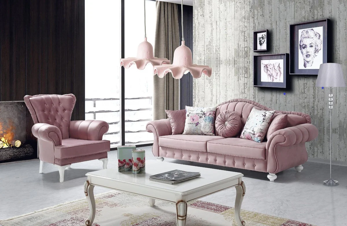 Barock Sofa Rosa / Weiß 225 x 83 x H. 92 cm - Wohnzimmer Sofa im Barockstil - Barock Möbel