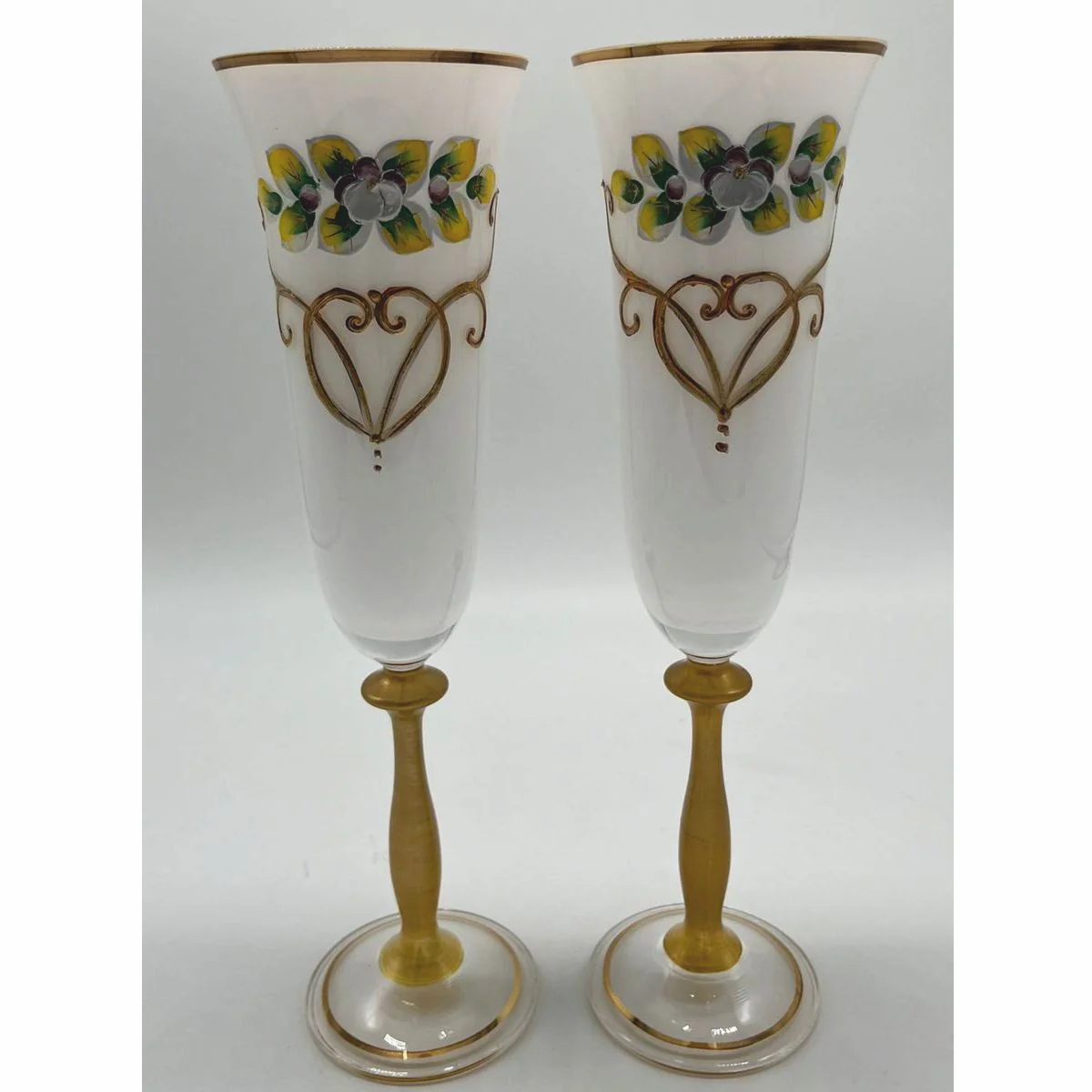 Luxus Jugendstil Champagnerglas 2er Set Weiß / Bunt / Gold