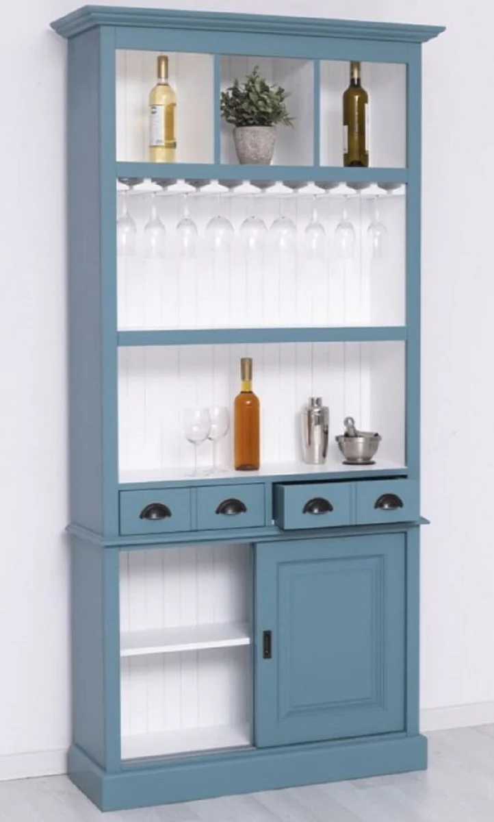 Landhausstil Massivholz Barschrank Blau / Weiß 103 x 36 x H. 210 cm - Massivholz Weinschrank im Landhausstil - Massivholz Bar Möbel - Landhausstil Bar Möbel