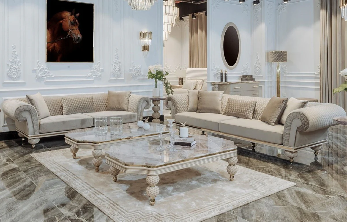 Luxus Art Deco 3er Sofa Grau / Gold - Wohnzimmer Sofa - Hotel Sofa - Luxus Art Deco Wohnzimmer & Hotel Möbel - Luxus Qualität