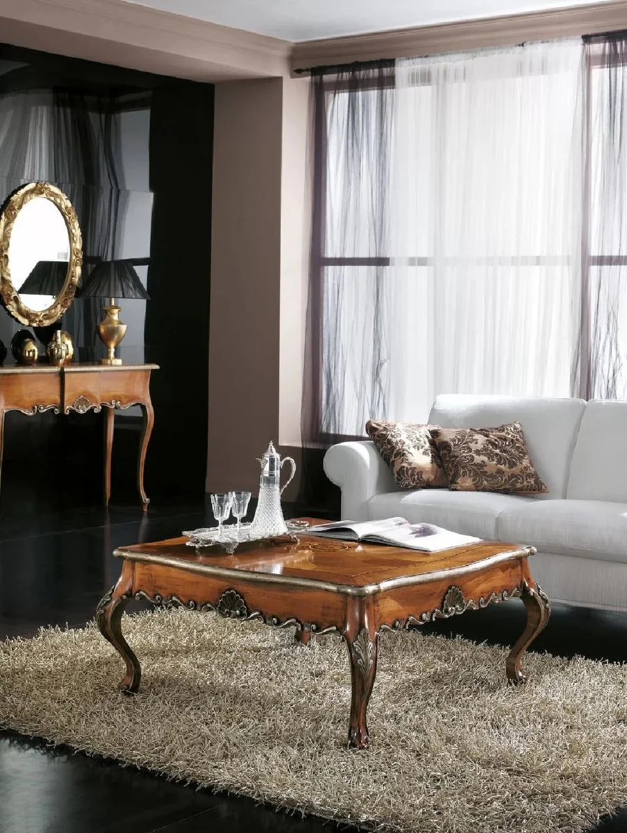 Luxus Barock Couchtisch Braun / Silber - Quadratischer Massivholz Wohnzimmertisch im Barockstil - Barock Wohnzimmer & Hotel Möbel - Luxus Qualität - Made in Italy