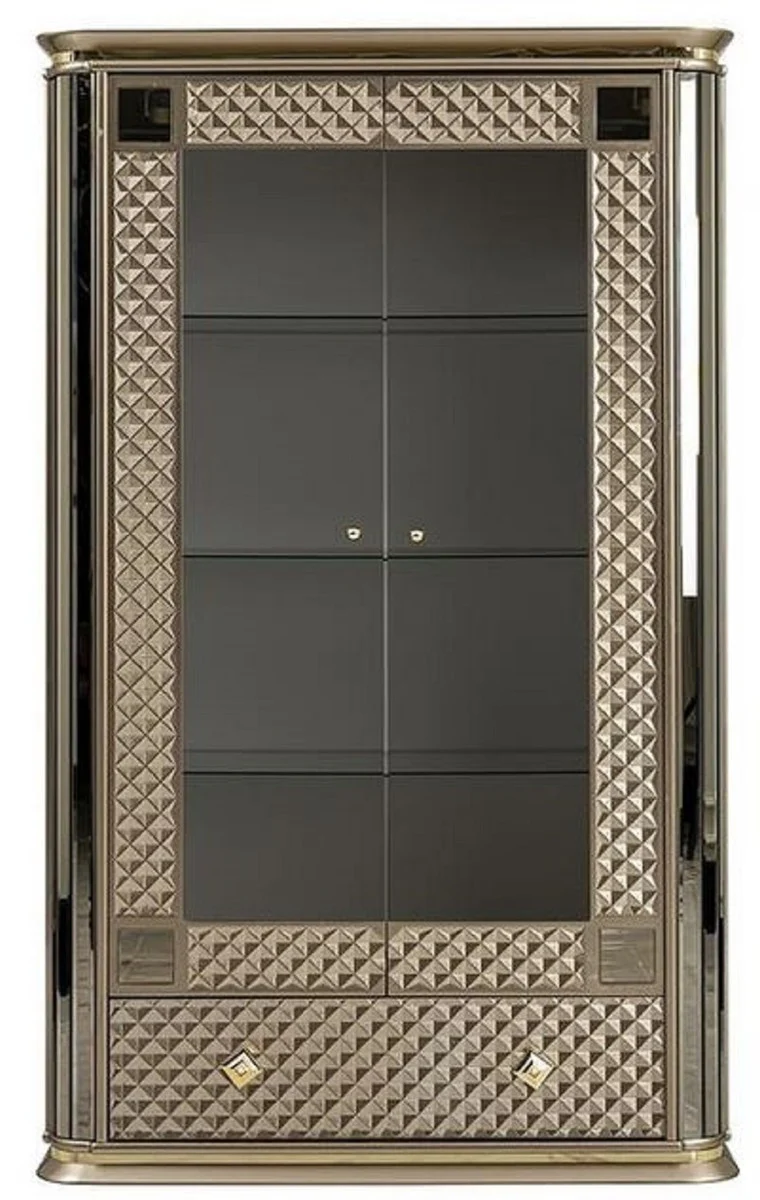 Luxus Art Deco Vitrine Beige / Gold - Handgefertigter Massivholz Vitrinenschrank mit 2 Türen und Schublade - Edle Art Deco Möbel