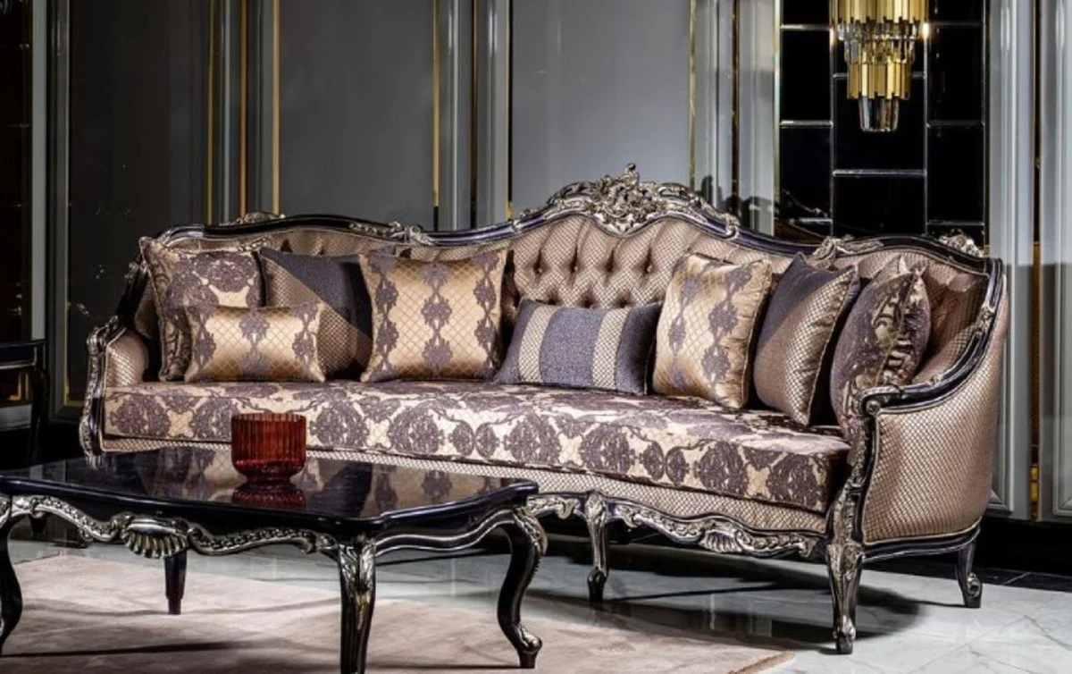 Luxus Barock Sofa Gold / Lila - Prunkvolles Wohnzimmer Sofa mit elegantem Muster und dekorativen Kissen - Wohnzimmer Möbel im Barockstil