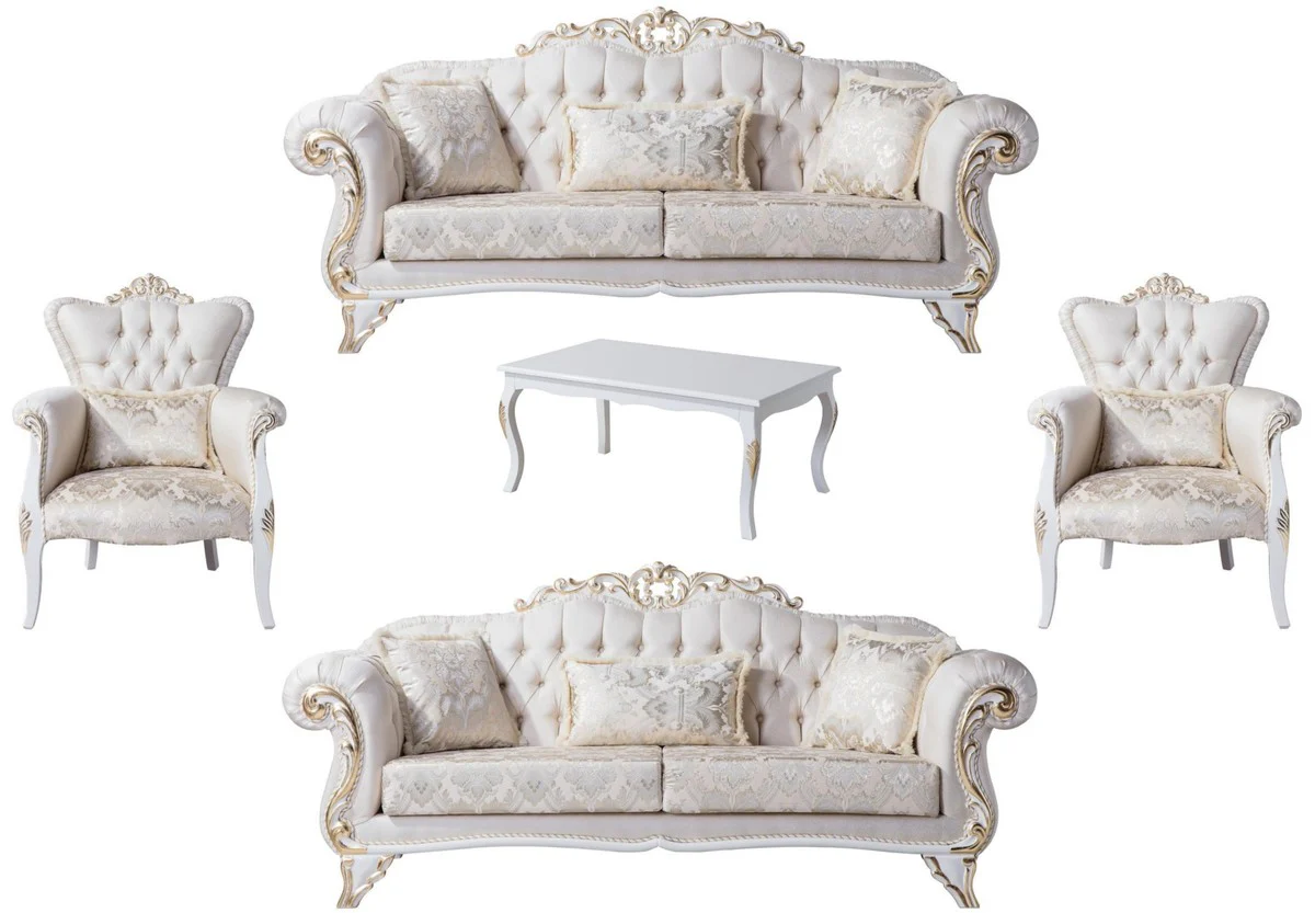 Luxus Barock Wohnzimmer Set Creme / Weiß / Gold - 2 Sofas & 2 Sessel & 1 Couchtisch - Wohnzimmer Möbel im Barockstil - Edel & Prunkvoll