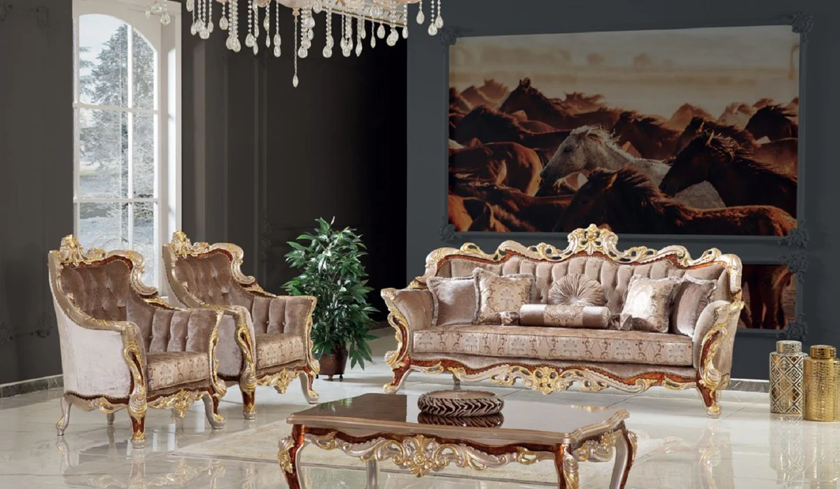 Luxus Barock Wohnzimmertisch Braun / Silber / Gold 130 x 85 x H. 50 cm - Edler Massivholz Couchtisch im Barockstil - Barock Wohnzimmer Möbel