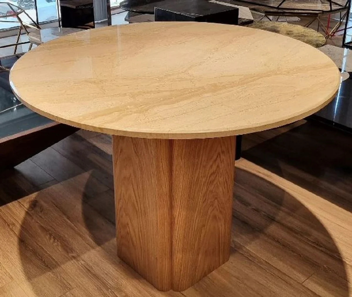 Luxus Esstisch Beige / Braun Ø 100 x H. 75 cm - Runder Esszimmertisch mit Marmor Tischplatte - Esszimmer Möbel - Luxus Möbel