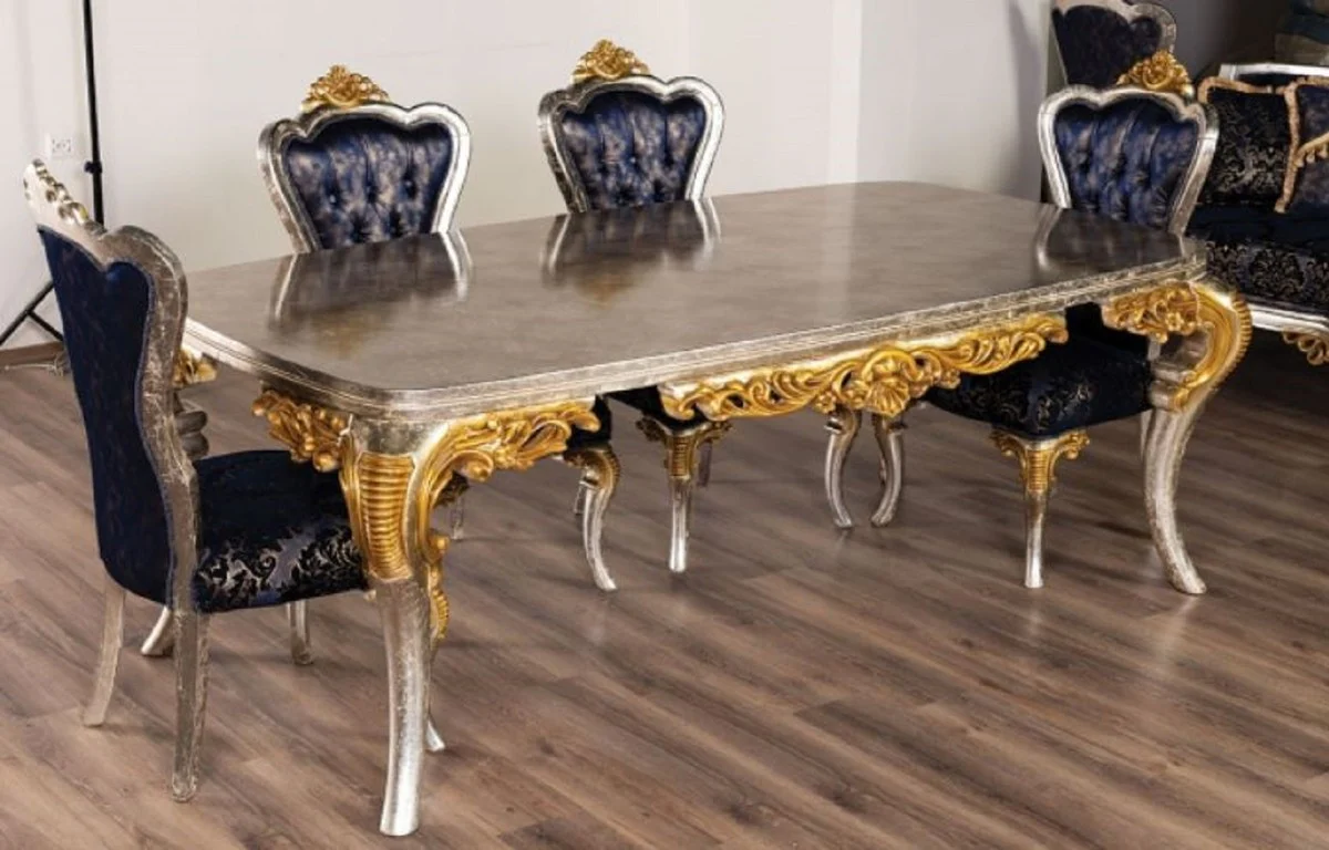 Luxus Barock Esstisch Silber / Gold - Handgefertigter Massivholz Esszimmertisch im Barockstil - Prunkvolle Barock Esszimmer Möbel
