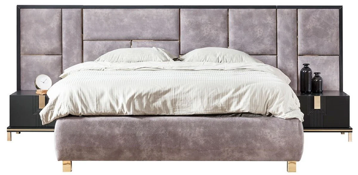 Luxus Massivholz Schlafzimmer Set Lila / Schwarz / Gold - 1 Doppelbett mit Kopfteil & 2 Nachttische - Luxus Schlafzimmer Möbel