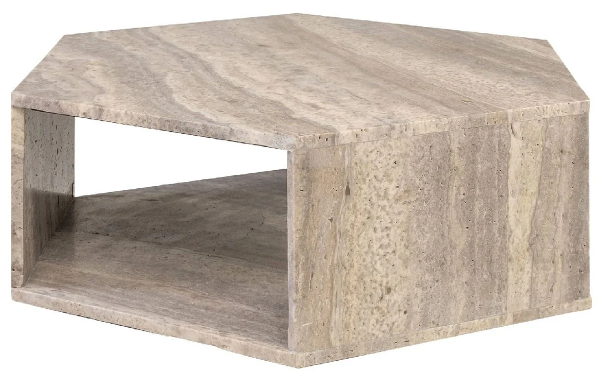 Luxus Couchtisch Grau 91 x 79 x H. 30 cm - 6 Eckiger Travertin Naturstein Wohnzimmertisch - Wohnzimmer Möbel - Travertin Möbel - Luxus Möbel - Luxus Einrichtung