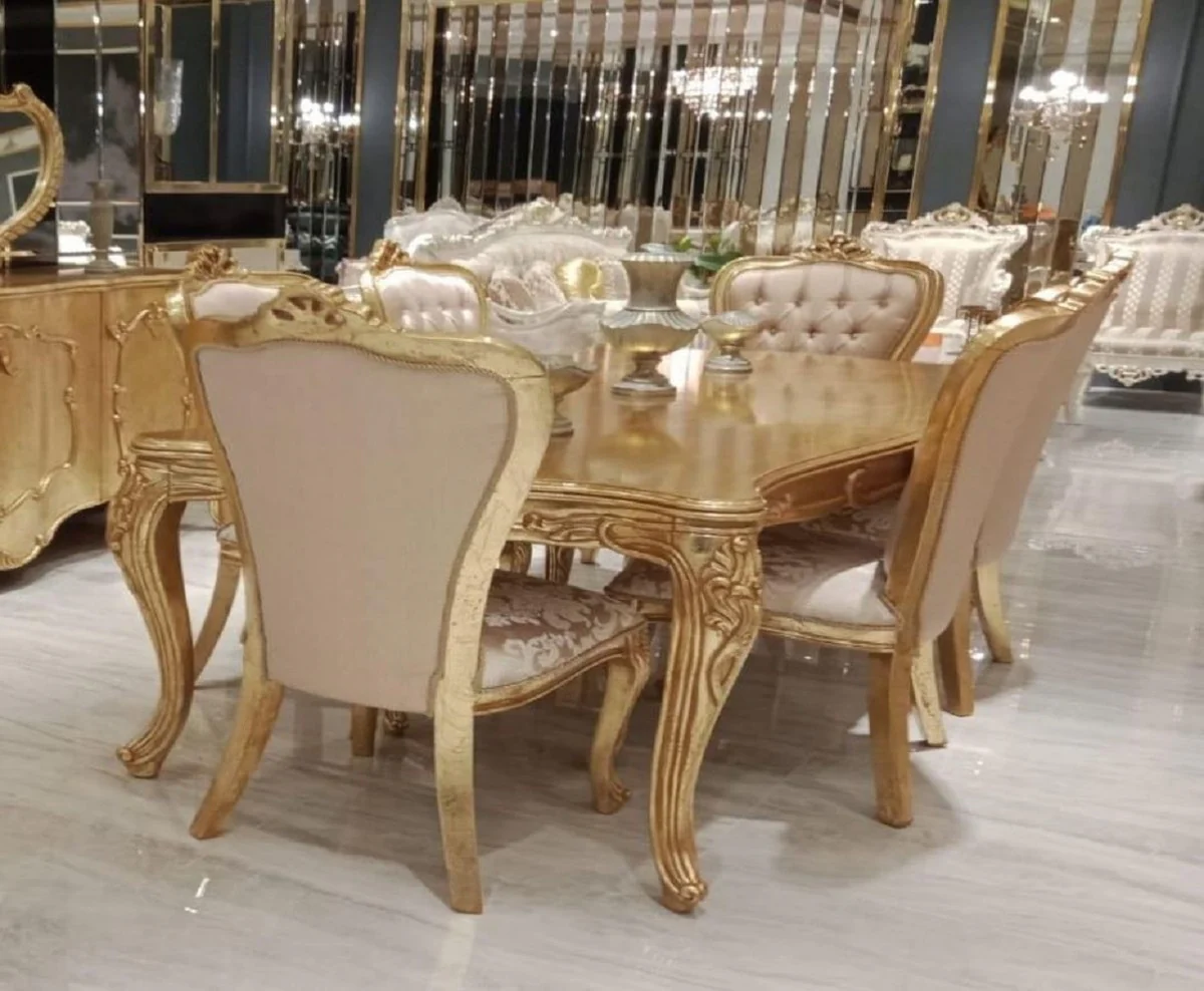 Luxus Barock Esszimmer Set Rosa / Gold - 1 Barock Esstisch & 6 Barock Esszimmerstühle mit elegantem Muster - Esszimmer Möbel im Barockstil - Edel & Prunkvoll