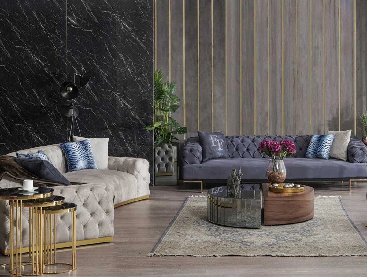 Luxus Chesterfield Sofa Grau / Gold 380 x 100 x H. 72 cm - Gebogenes Wohnzimmer Sofa - Hotel Sofa - Wohnzimmer Möbel - Chesterfield Möbel - Luxus Möbel - Luxus Einrichtung