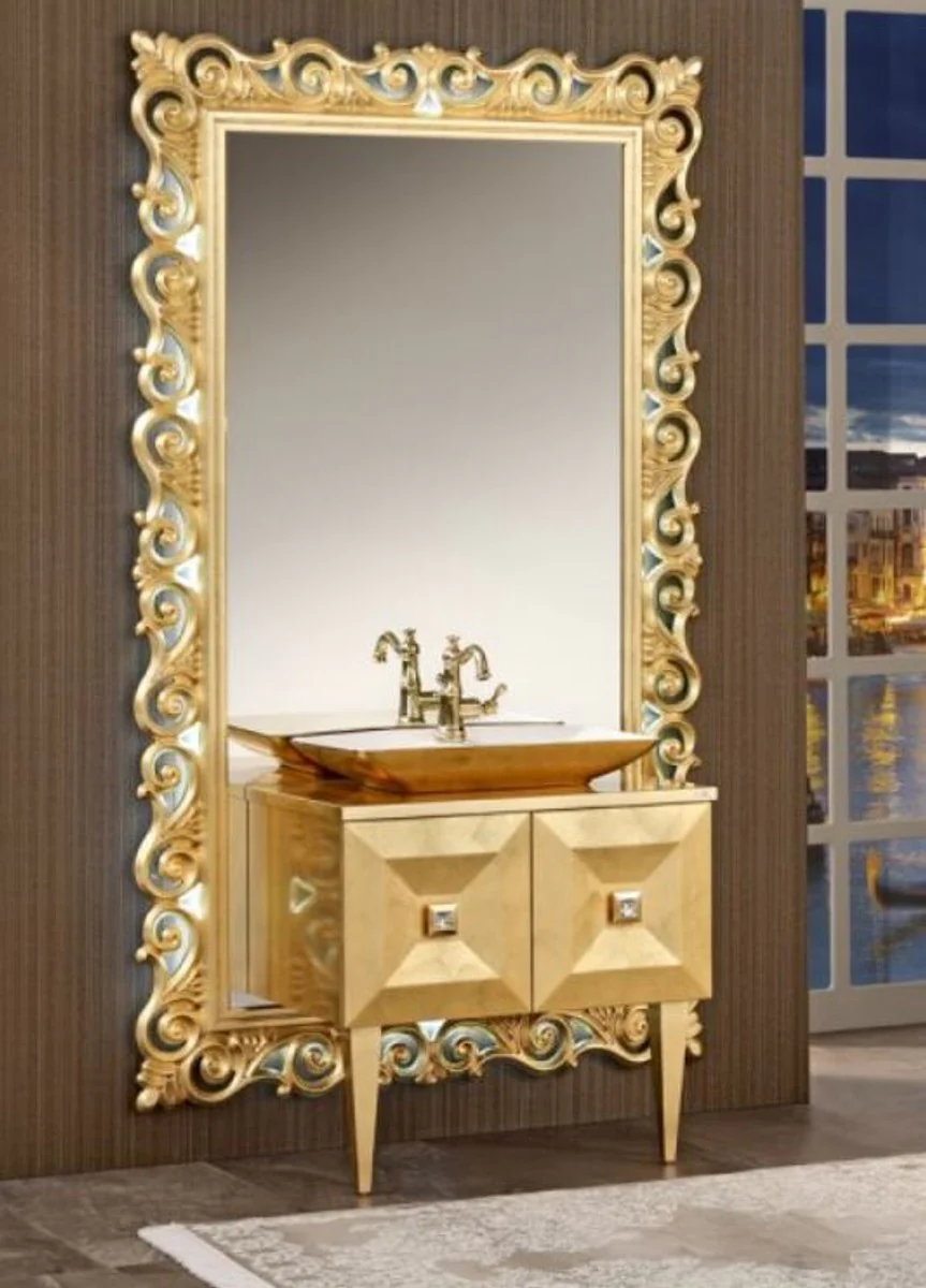 Luxus Barock Badezimmer Set Gold - Waschtisch mit Waschbecken und Wandspiegel - Prunkvolle Badezimmermöbel im Barockstil