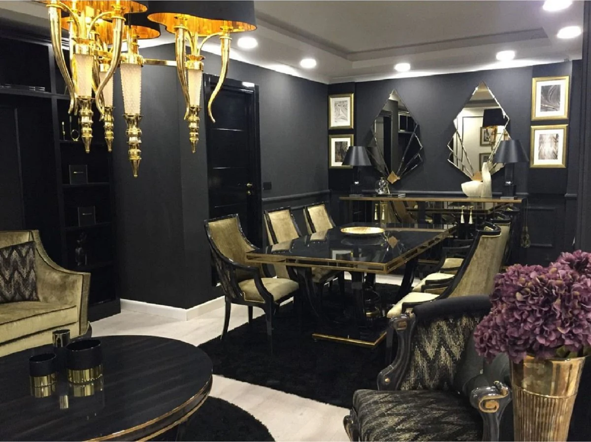 Luxus Barock Esszimmer Stuhl 8er Set Gold / Schwarz - Barockstil Küchen Stühle - Prunkvolle Luxus Esszimmer Möbel im Barockstil - Barock Esszimmer Möbel - Edel & Prunkvoll