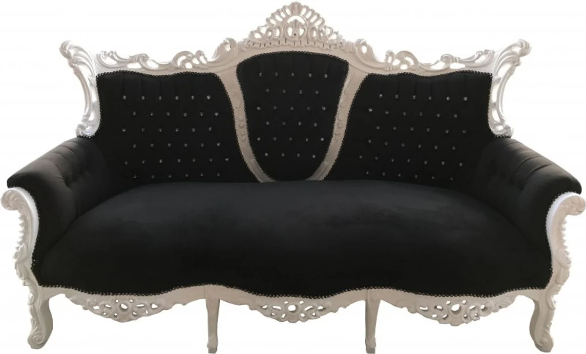 Barock 3-er Sofa Master Schwarz / Weiß mit Bling Bling Glitzersteinen - Wohnzimmer Möbel Couch Lounge - Limited Edition