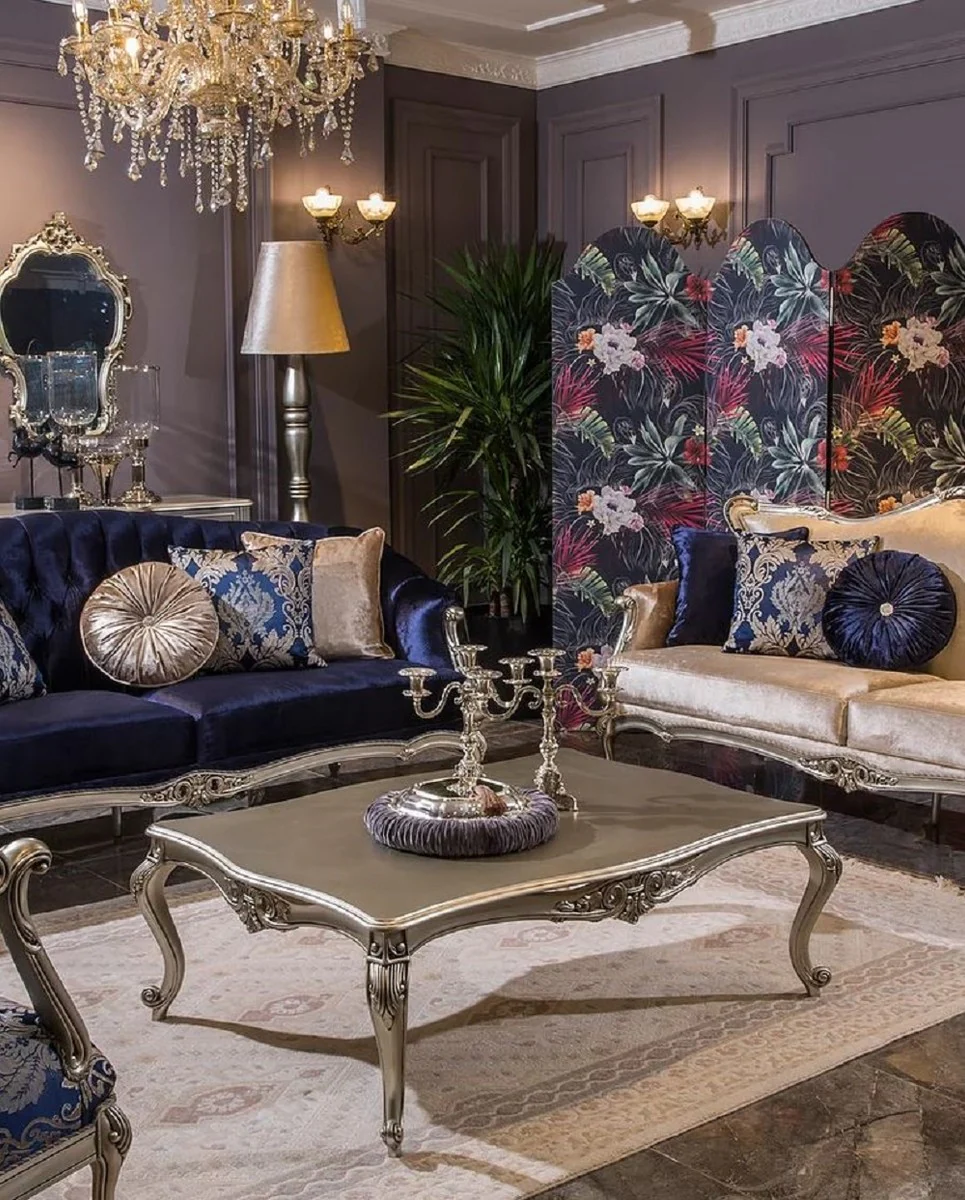Luxus Barock Couchtisch Silber 126 x 92 x H. 43 cm - Rechteckiger Massivholz Wohnzimmertisch im Barockstil - Barock Wohnzimmer Möbel