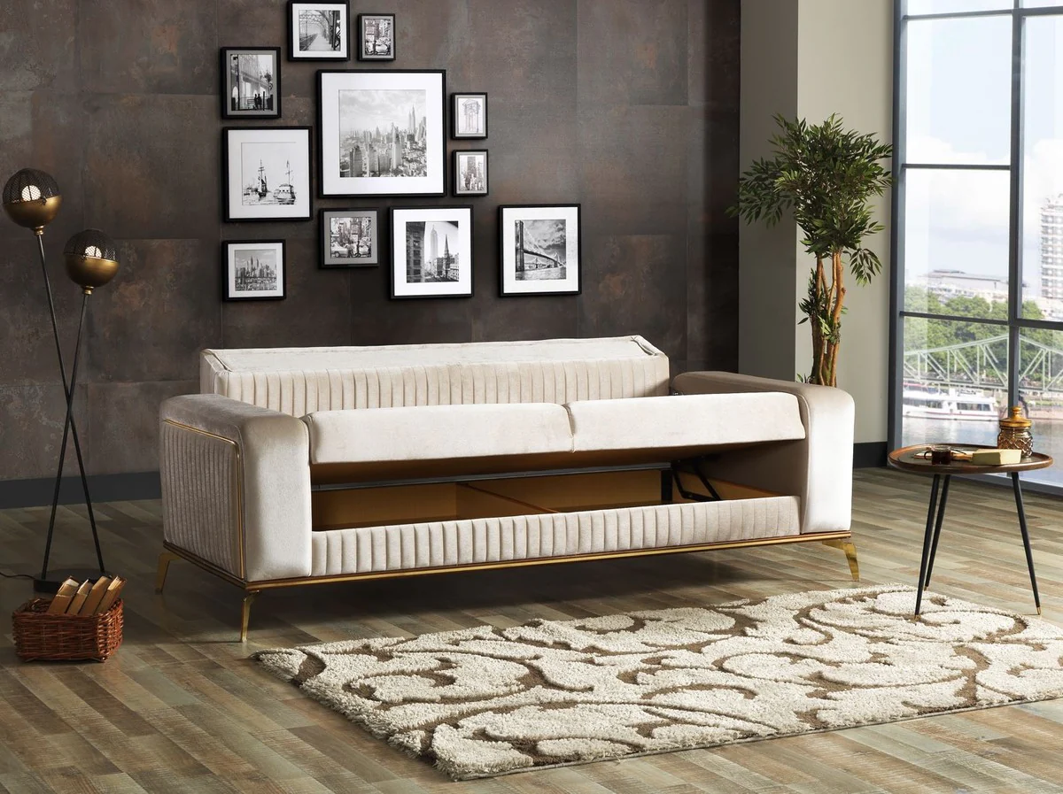 Luxus Schlafsofa Creme / Braun / Gold 225 x 92 x H. 83 cm - Wohnzimmer Sofa mit 3 Kissen - Luxus Wohnzimmer Möbel