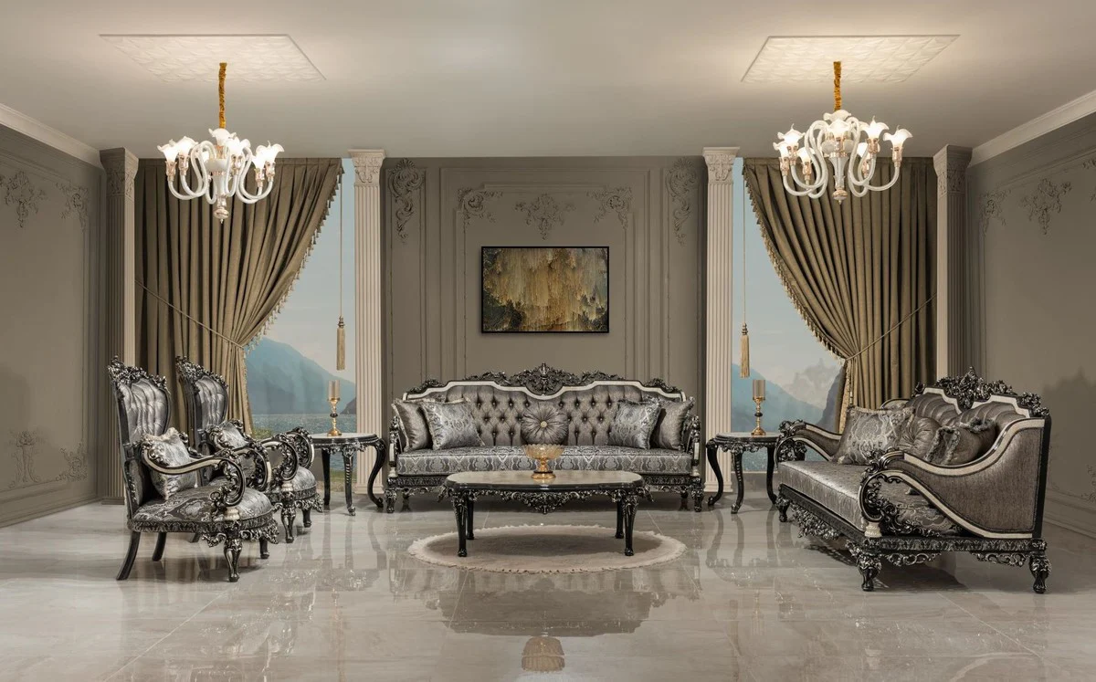 Luxus Barock Beistelltisch Weiß / Beige / Schwarz / Gold - Handgefertigter Massivholz Tisch im Barockstil - Luxus Wohnzimmer Möbel im Barockstil - Barock Möbel - Edel & Prunkvoll