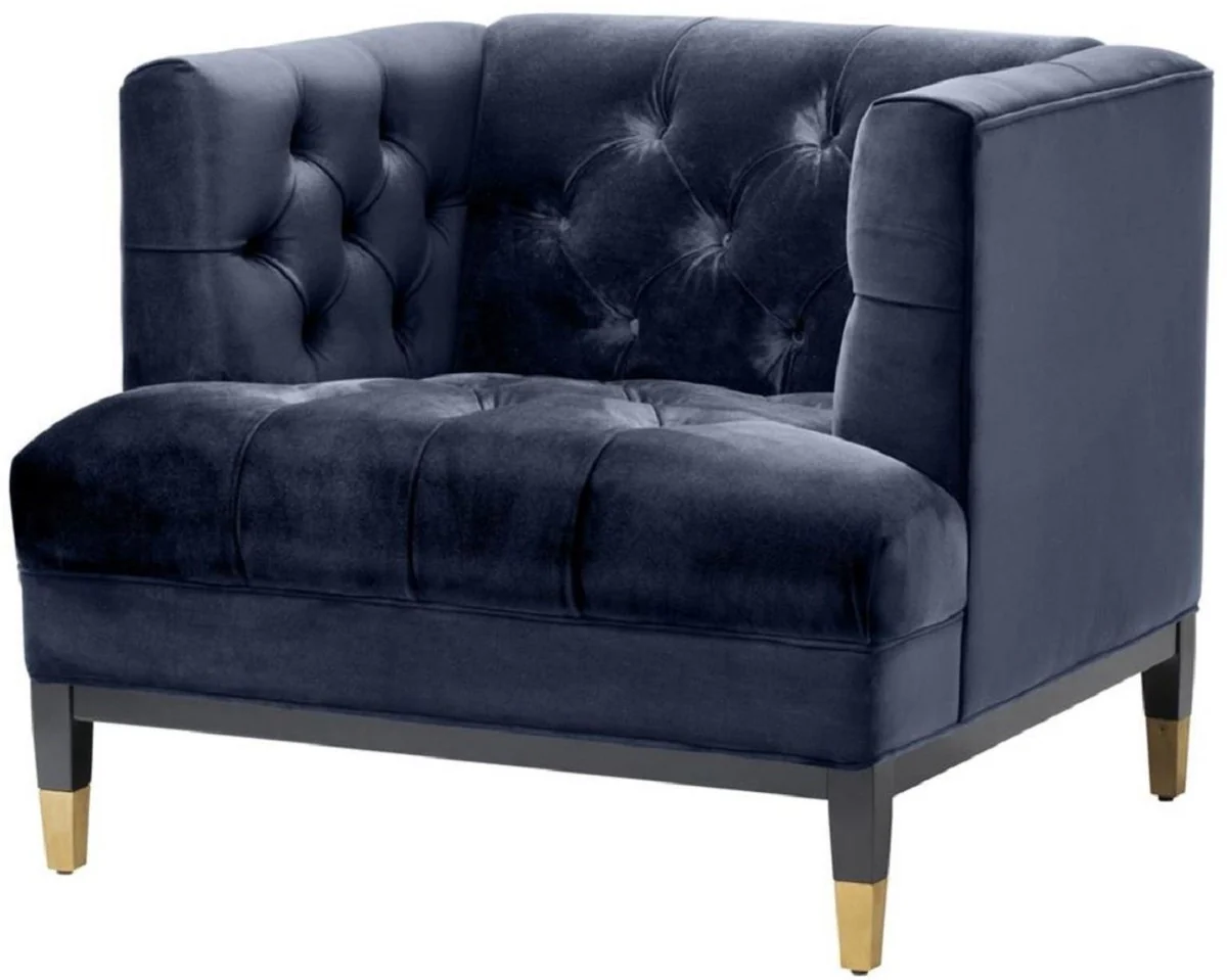 Luxus Wohnzimmer Sessel Mitternachtsblau / Schwarz / Messingfarben 93 x 85 x H. 79 cm - Chesterfield Möbel