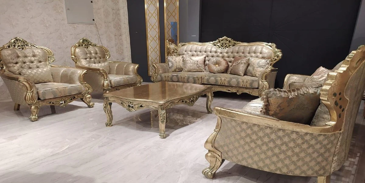 Luxus Barock Sofa Gold / Grün / Gold - Prunkvolles Wohnzimmer Sofa mit elegantem Muster - Barock Wohnzimmer Möbel
