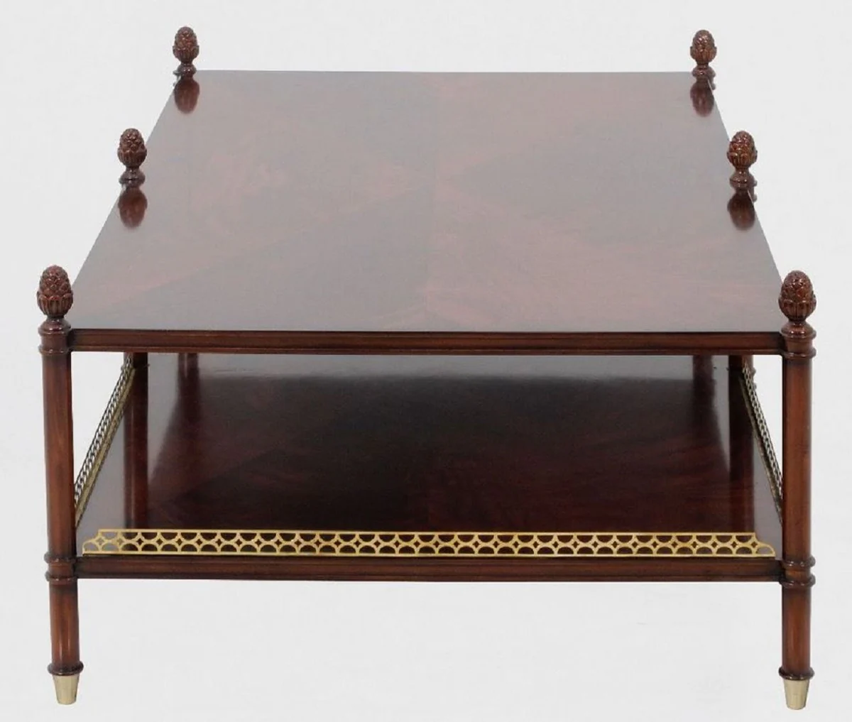 Luxus Jugendstil Couchtisch Braun / Gold / Messingfarben 129 x 81 x H. 48 cm - Edler Mahagoni Wohnzimmertisch - Wohnzimmer Möbel - Luxus Qualität