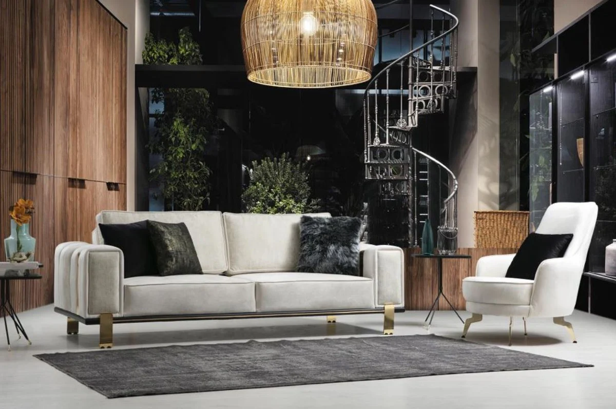 Luxus Wohnzimmer Sofa mit verstellbarer Rückenlehne Weiß / Grau / Gold 223 x 93 x H. 76 cm - Wohnzimmer Möbel - Luxus Möbel