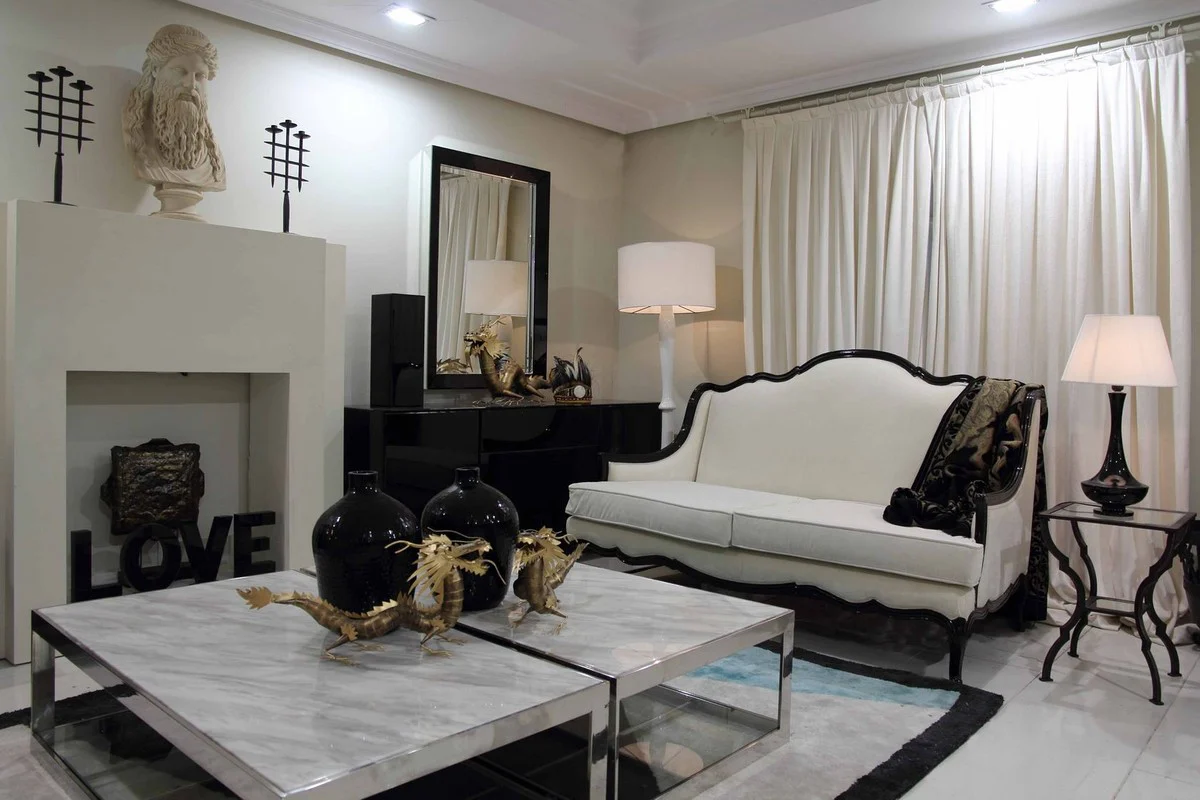 Luxus Barock Sofa Weiß / Schwarz 185 x 95 x H. 111 cm - Wohnzimmer Sofa mit dekorativen Kissen - Edle Barock Möbel