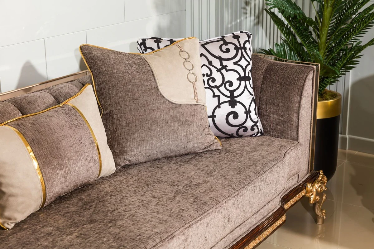 Luxus Barock Sofa Grau / Dunkelbraun / Gold 265 cm - Barock Möbel