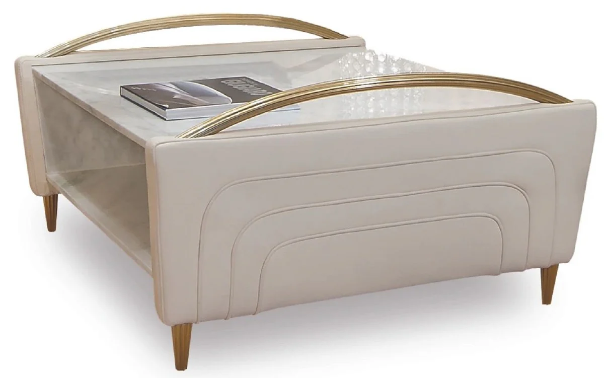 Luxus Couchtisch Weiß / Elfenbeinfarben / Gold - Quadratischer Wohnzimmertisch mit italienischem Carrara Marmor und Echtleder - Wohnzimmer Möbel - Luxus Qualität - Made in Italy