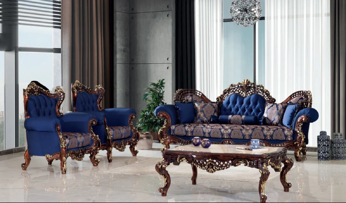Luxus Barock Sofa Blau / Dunkelbraun / Gold 270 x 100 x H. 122 cm - Prunkvolles Wohnzimmer Sofa mit elegantem Muster - Möbel im Barockstil