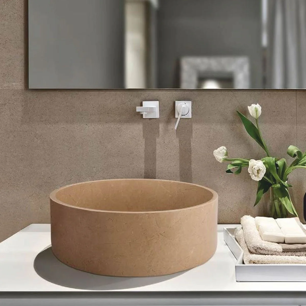 Luxus Travertin Waschbecken Schale Taupe Ø 42 cm - Badezimmer Accessoires
