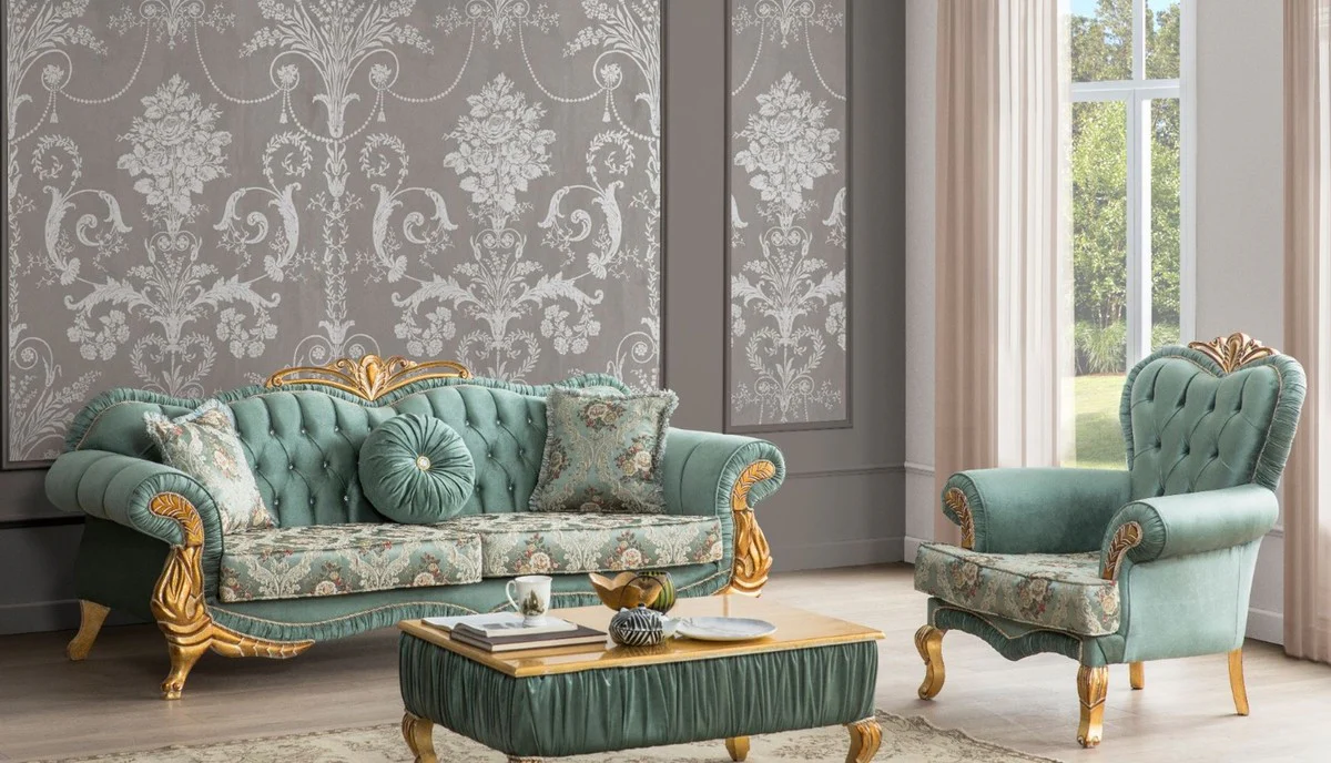 Luxus Barock Wohnzimmer Set Grün / Gold - 2 Sofas mit Muster & 2 Sessel mit Muster & 1 Couchtisch - Wohnzimmer Möbel im Barockstil - Edel & Prunkvoll