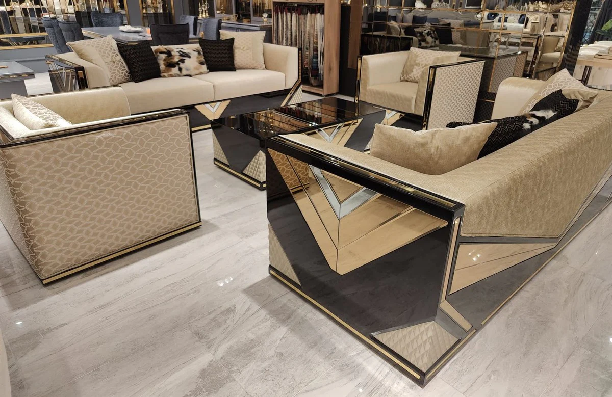 Luxus Wohnzimmer Set Gold / Schwarz - 2 Luxus Sofas & 2 Luxus Sessel & 1 Luxus Couchtisch - Wohnzimmer Möbel - Luxus Möbel - Luxus Einrichtung - Wohnzimmer Einrichtung