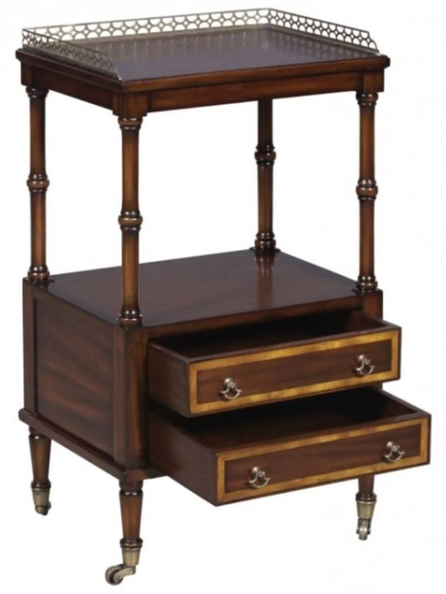 Luxus Jugendstil Beistelltisch mit 2 Schubladen Dunkelbraun / Gold 42 x 33 x H. 74 cm - Telefontisch mit Rollen