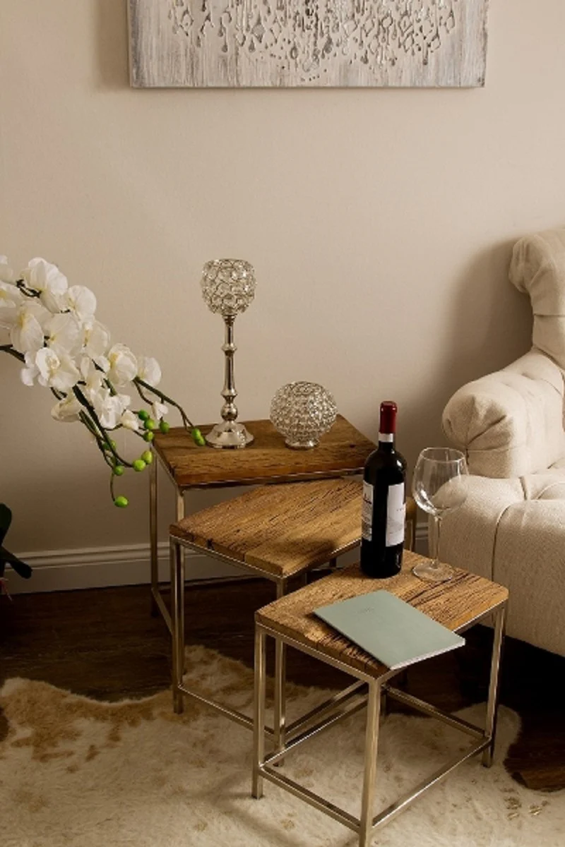 Luxus Beistelltisch Set Braun / Silber 45 x 30 x H. 45 cm - Beistelltische mit Metall Untergestell