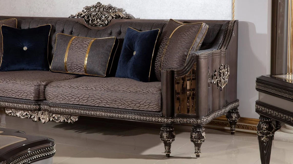 Luxus Barock Sofa Grau / Dunkelbraun / Gold - Prunkvolles Wohnzimmer Sofa mit elegantem Muster - Barock Wohnzimmer & Hotel Möbel - Edel & Prunkvoll