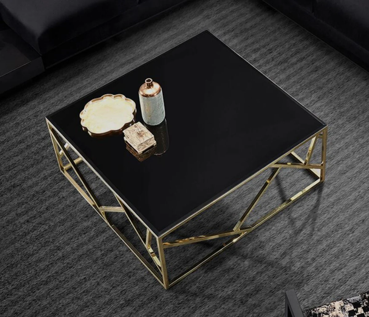 Luxus Couchtisch Gold / Schwarz 125 x 125 x H. 43 cm - Quadratischer Edelstahl Wohnzimmertisch mit Glasplatte - Wohnzimmer Möbel - Luxus Qualität
