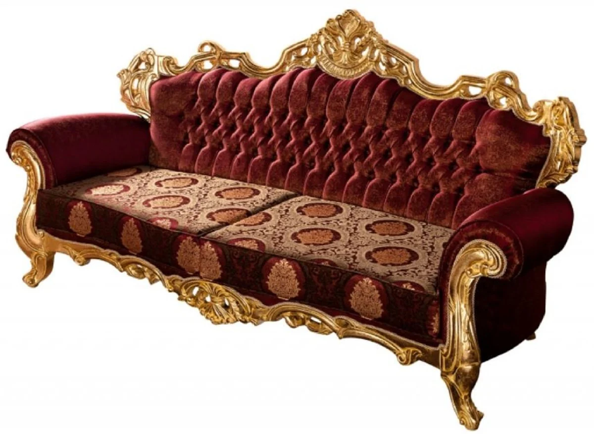 Luxus Barock Sofa Bordeauxrot / Gold - Prunkvolles Wohnzimmer Sofa mit elegantem Muster - Barock Wohnzimmer Möbel