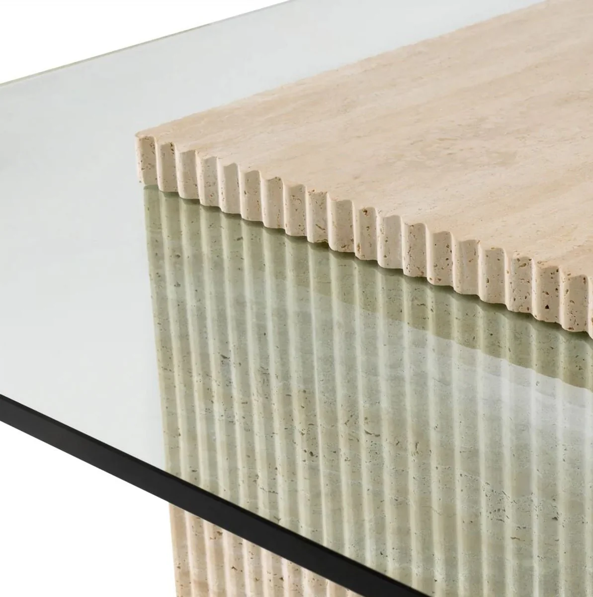 Luxus Travertin Couchtisch Beige 90 x 90 x H. 35 cm - Quadratischer Naturstein Wohnzimmertisch mit Glasplatte - Wohnzimmer Möbel - Luxus Möbel - Luxus Einrichtung