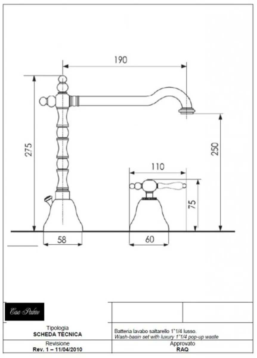 Luxus Bad Zubehör - Jugendstil Retro Waschtisch Armatur Dreilochbatterie Altgold / Bronze Serie Milano - Made in Italy