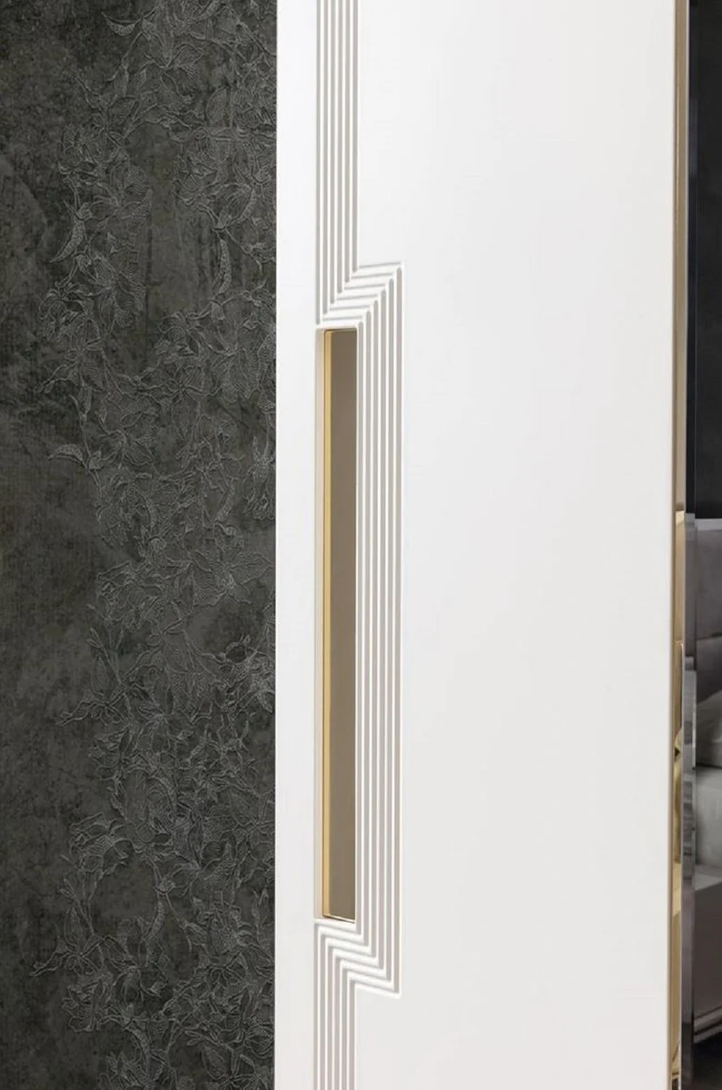 Luxus Schlafzimmerschrank Weiß / Gold 260 x 70 x H. 220 cm - Verspiegelter Massivholz Kleiderschrank mit 2 Schiebetüren - Luxus Schlafzimmer Möbel