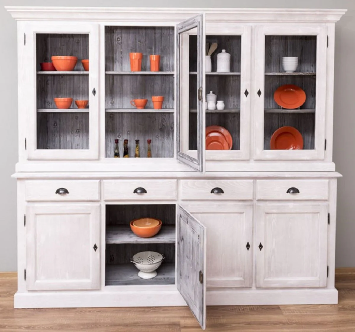 Landhausstil Esszimmerschrank Hellgrau / Grau 230 x 45 x H. 200 cm - Massivholz Küchenschrank - Esszimmer Möbel im Landhausstil - Landhausstil Esszimmer Einrichtung