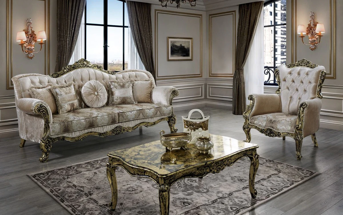 Luxus Barock Couchtisch Gold / Schwarz - Handgefertigter Massivholz Wohnzimmertisch - Prunkvolle Massivholz Wohnzimmer Möbel im Barockstil