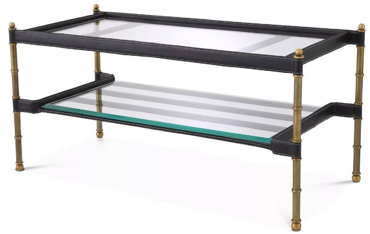 Luxus Couchtisch Vintage Messingfarben / Schwarz 95 x 42 x H. 46 cm - Moderner Wohnzimmertisch mit Glasplatten und Echtleder - Wohnzimmer Möbel - Luxus Möbel
