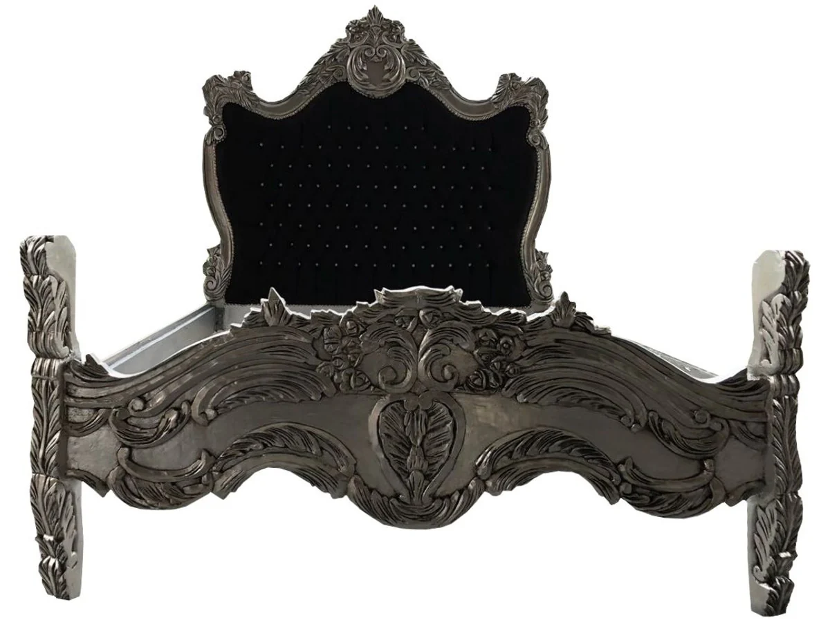 Barock Bett Schwarz / Silber Bling Bling Glitzersteine 140 x 200 cm aus der Luxus Kollektion von Casa Padrino