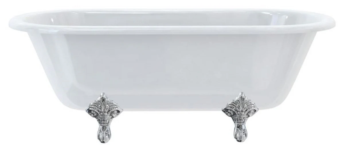 Luxus Jugendstil Badewanne Weiß / Silber 169 x 74,5 x H. 62 cm - Freistehende Retro Acryl Badewanne - Retro Badezimmer Möbel