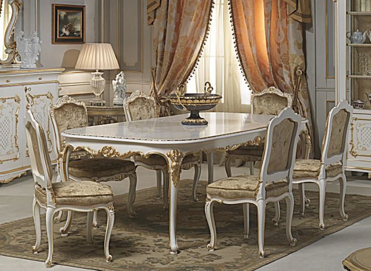 Luxus Barock Esszimmer Set Weiß / Gold - 1 Esstisch & 6 Esszimmerstühle - Esszimmer Möbel im Barockstil - Hotel Restaurant Schloss Möbel - Luxus Qualität - Made in Italy